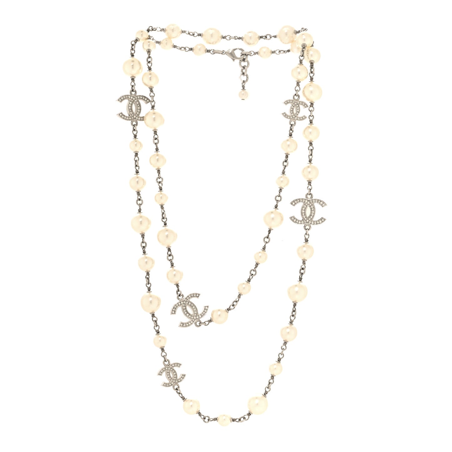 Graduated Pearl Crystal CC Long Necklace Silver