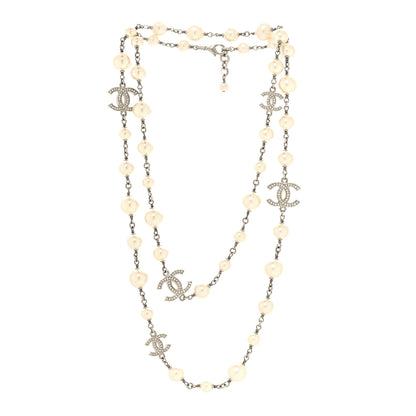 Chanel Graduated Pearl Crystal CC Long Necklace Silver 3 of 5