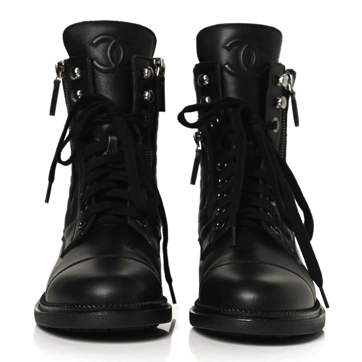 Calfskin Quilted Lace Up Combat Boots 36 Black