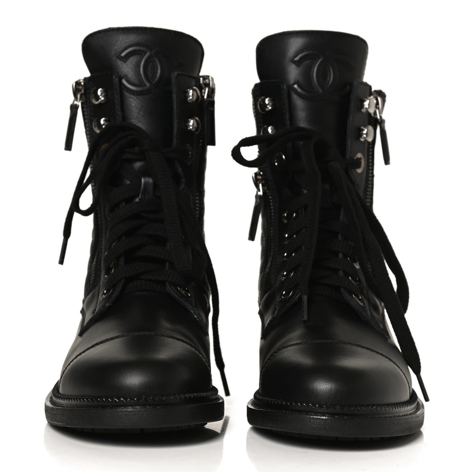 Chanel Calfskin Quilted Lace Up Combat Boots 36 Black 2 of 14