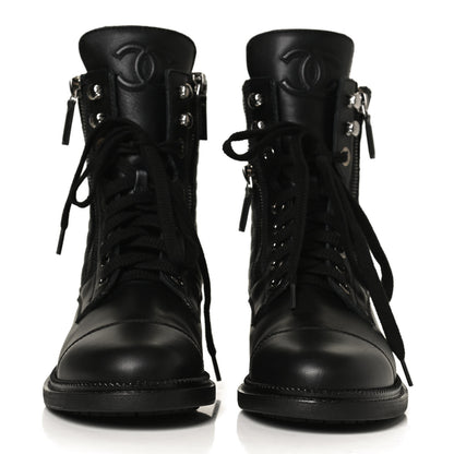 Chanel Calfskin Quilted Lace Up Combat Boots 36 Black 2 of 14