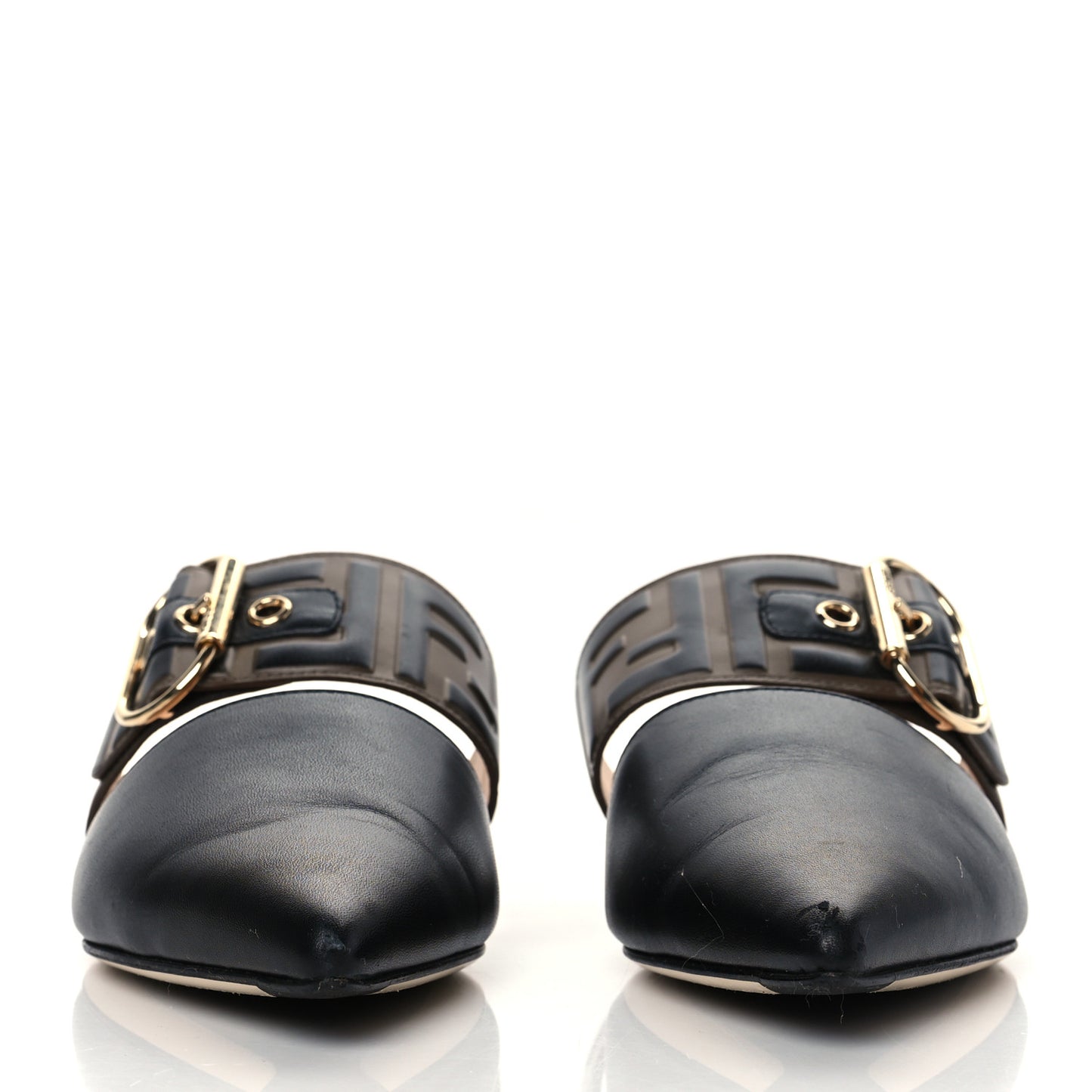 Vitello FF Embossed Buckle Flat Mules 35.5 Maya Black