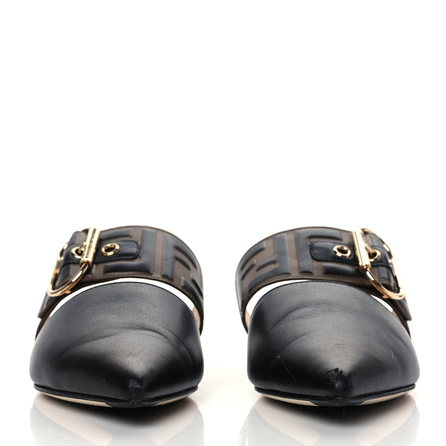 Fendi Vitello FF Embossed Buckle Flat Mules 35.5 Maya Black 3 of 8