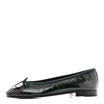 Chanel Crocodile Embossed Patent Calfskin Cap Toe CC Ballerina Flats 35.5 Dark Green Black 1 of 11