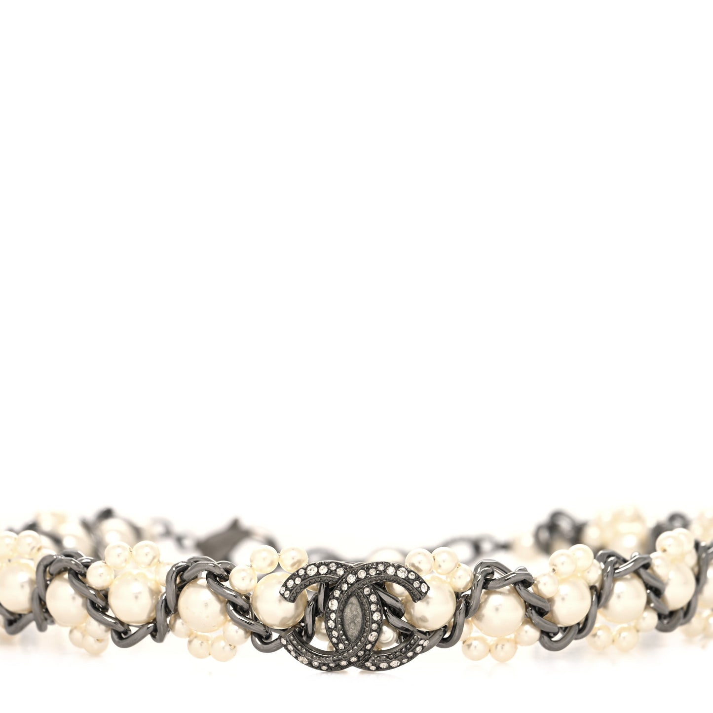 Pearl Crystal CC Choker Necklace Ruthenium