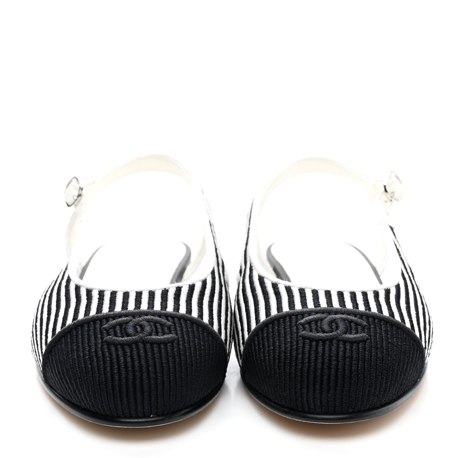 Chanel Fabric Grosgrain Cap Toe CC Slingback Flats 37.5 White Black 2 of 11