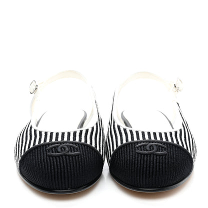 Chanel Fabric Grosgrain Cap Toe CC Slingback Flats 37.5 White Black 2 of 11