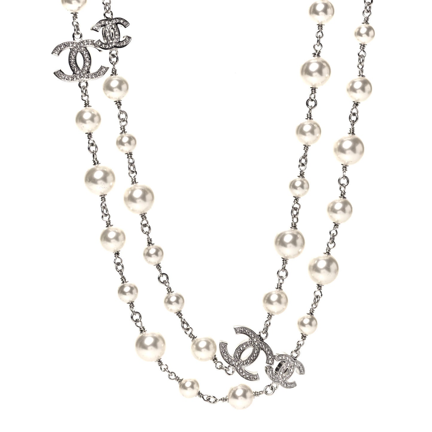 Crystal Pearl CC Long Necklace Silver