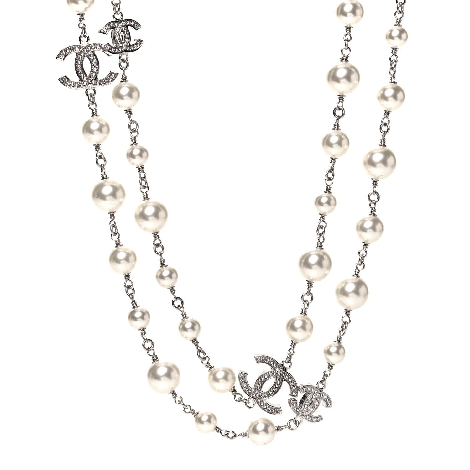 Chanel Crystal Pearl CC Long Necklace Silver 1 of 4
