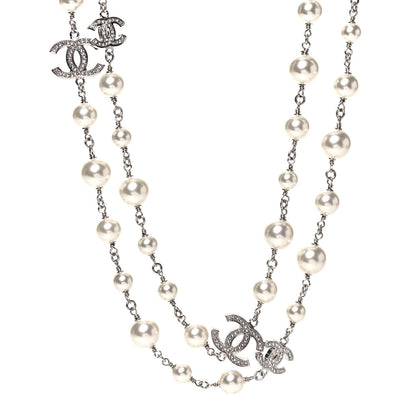 Chanel Crystal Pearl CC Long Necklace Silver 1 of 4