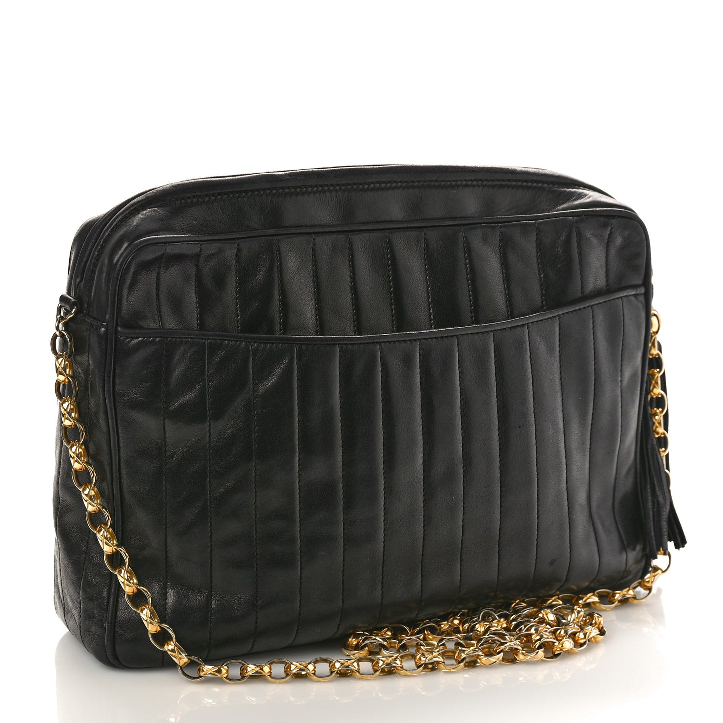 Lambskin Vertical Quilted Tassel Camera Case Black