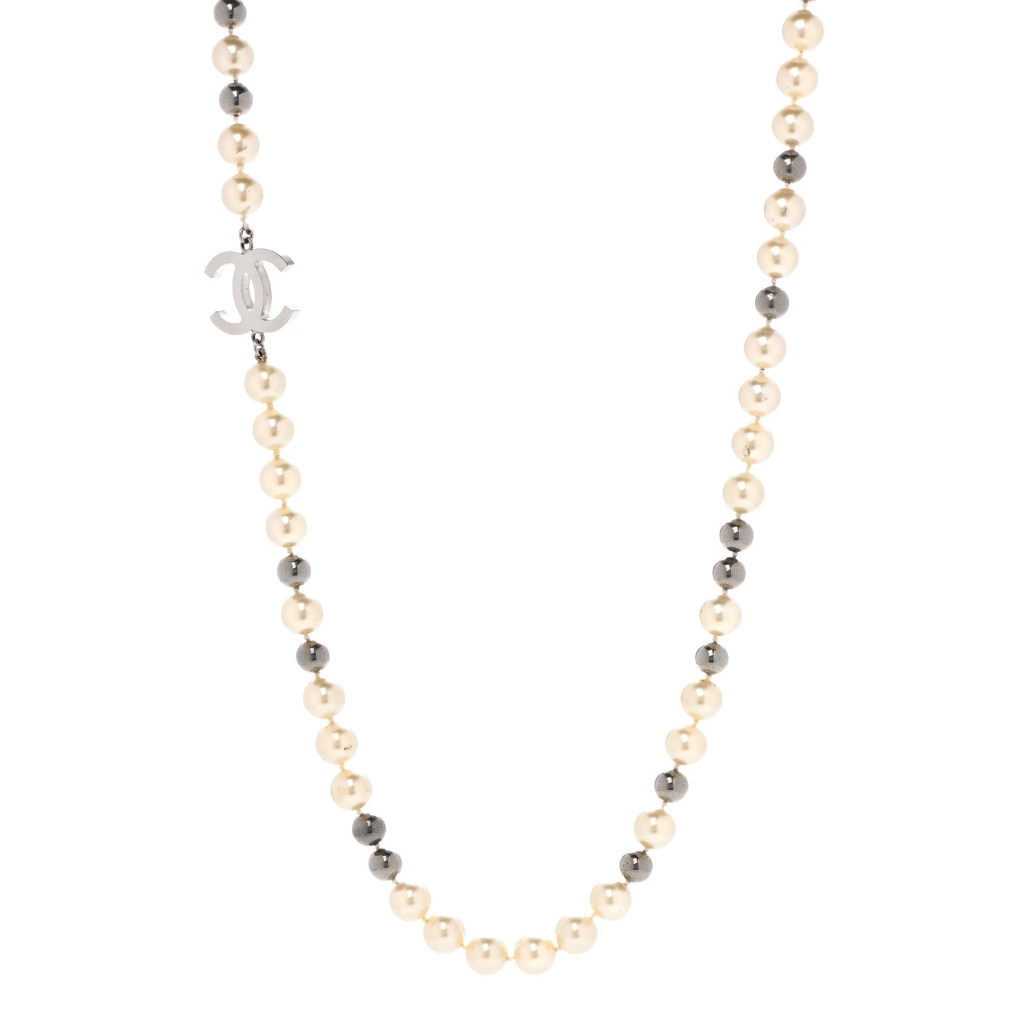 Chanel Pearl CC Long Necklace Silver Pearly White Grey 1 of 6