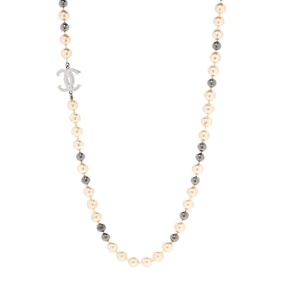 Chanel Pearl CC Long Necklace Silver Pearly White Grey 1 of 6