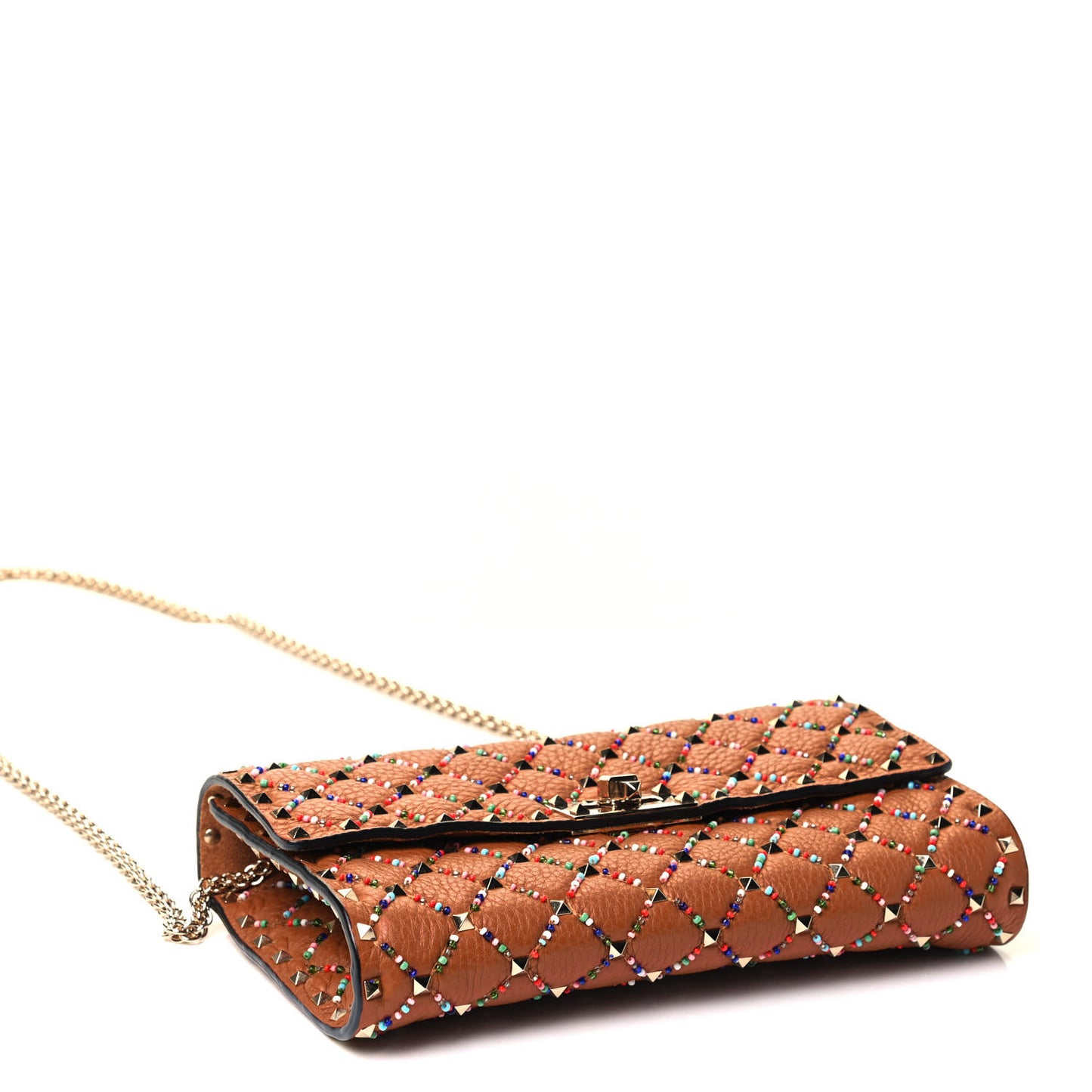 Grained Calfskin Beaded Rockstud Spike Wallet on Chain Light Cuir