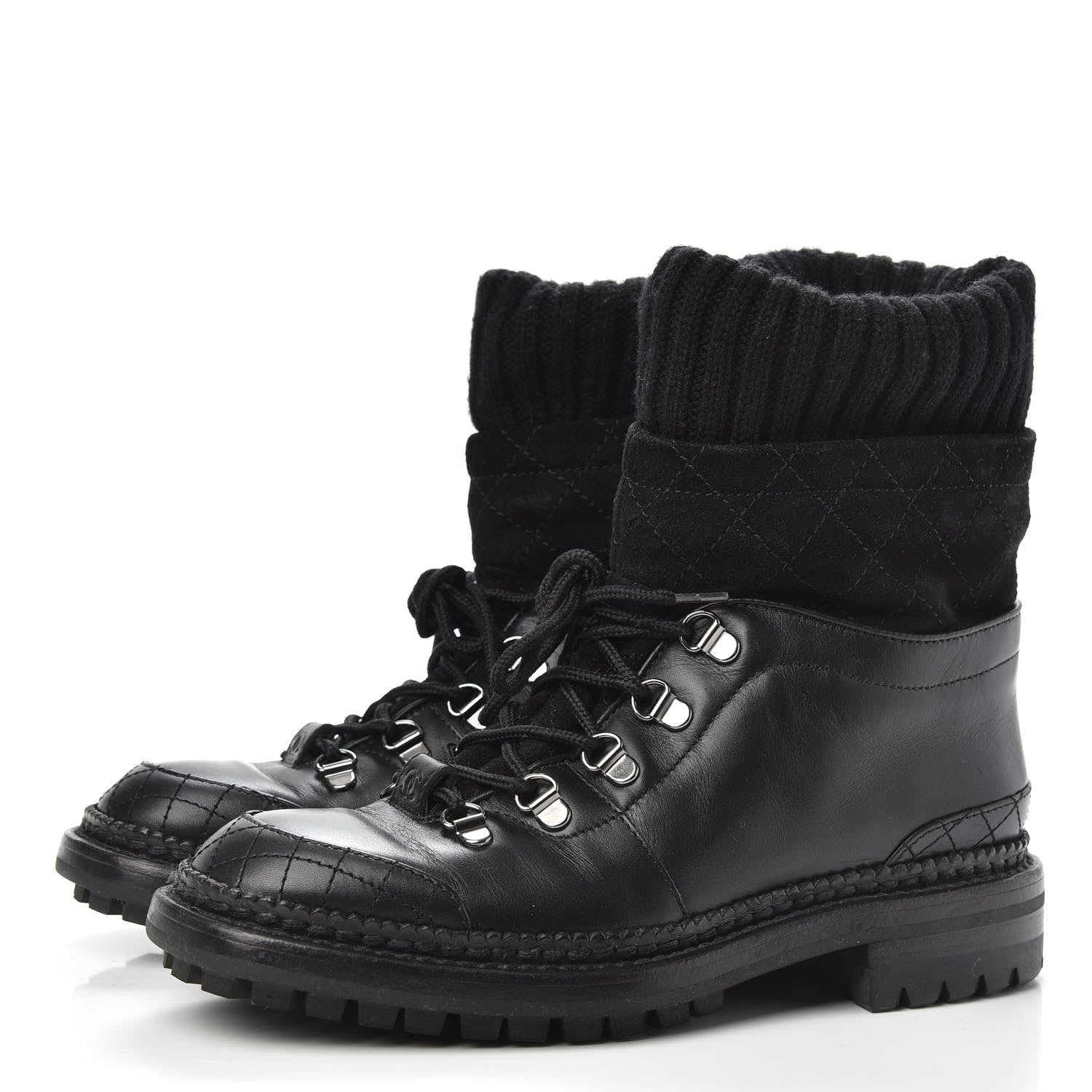 Chanel Calfskin Kid Suede Lace Up Short Boots 38 Black 3 of 9