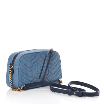 Gucci Denim Matelasse Small Pearly GG Marmont Chain Shoulder Bag Blue 3 of 9