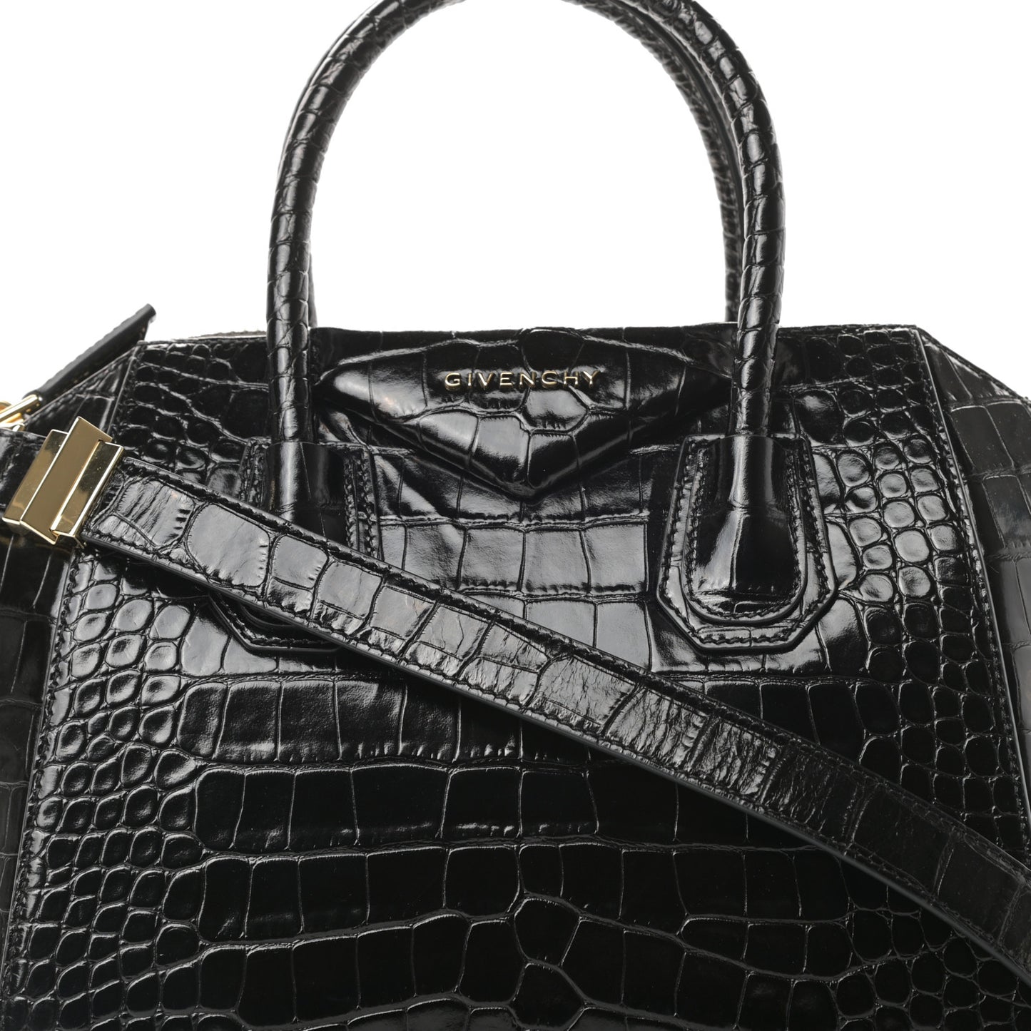 Calfskin Crocodile Embossed Small Antigona Black