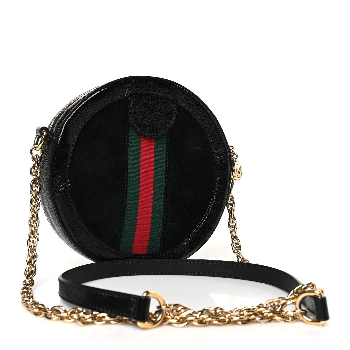 Suede Patent Web Mini Ophidia Round Shoulder Bag Black