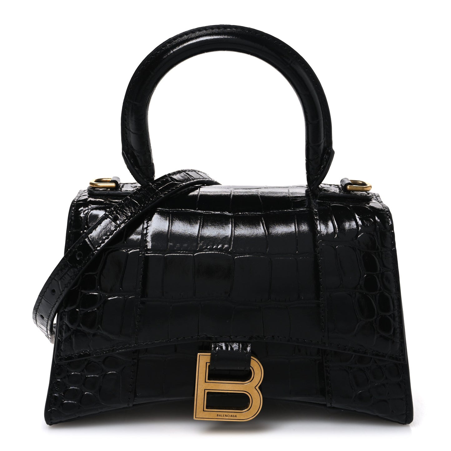 Shiny Calfskin Crocodile Embossed Hourglass Top Handle Bag XS Black