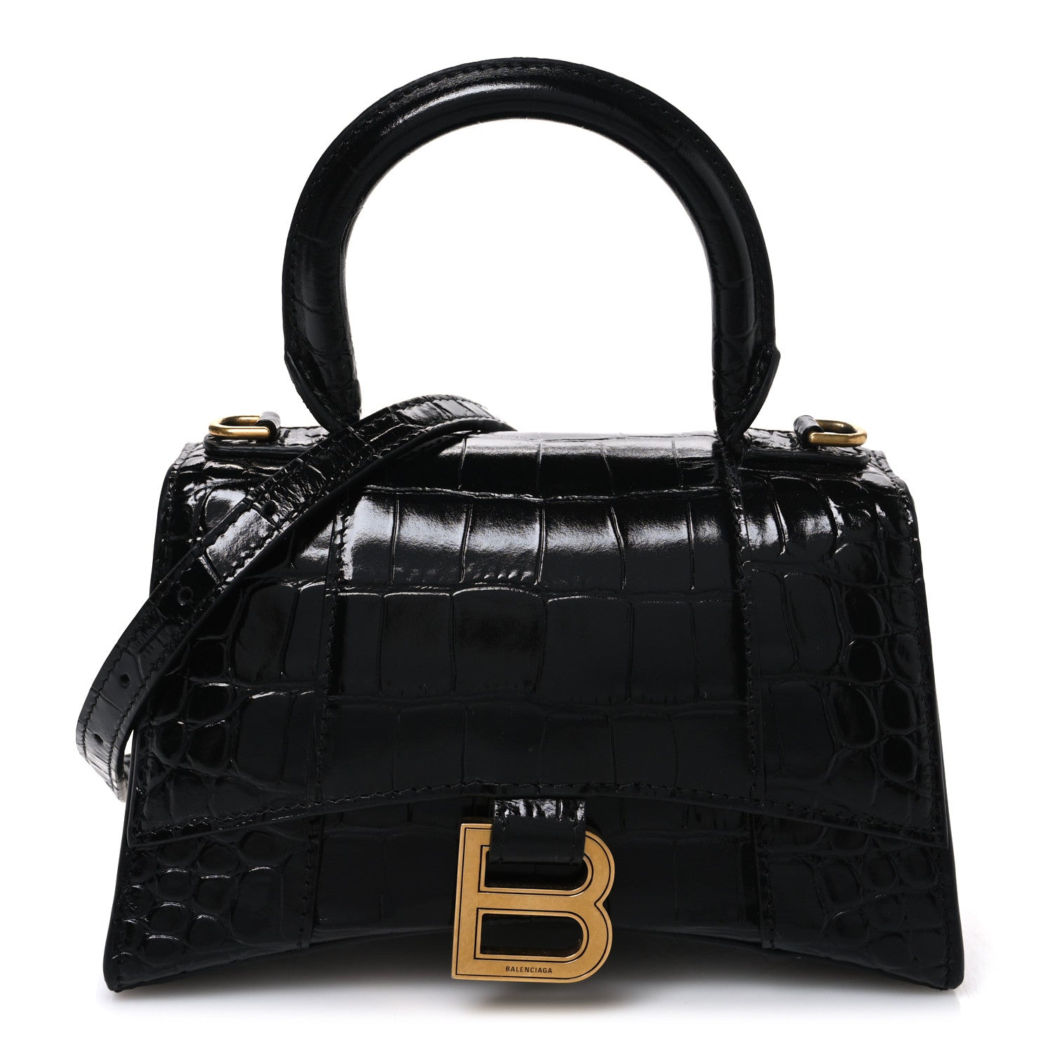 Balenciaga Shiny Calfskin Crocodile Embossed Hourglass Top Handle Bag XS Black 1 of 11