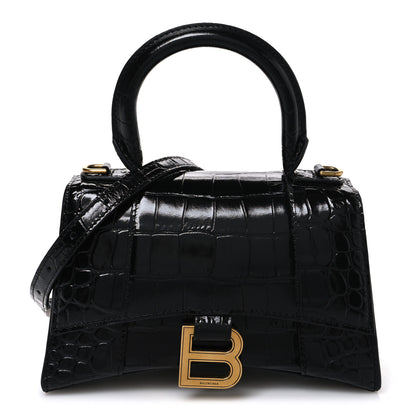 Balenciaga Shiny Calfskin Crocodile Embossed Hourglass Top Handle Bag XS Black 1 of 11