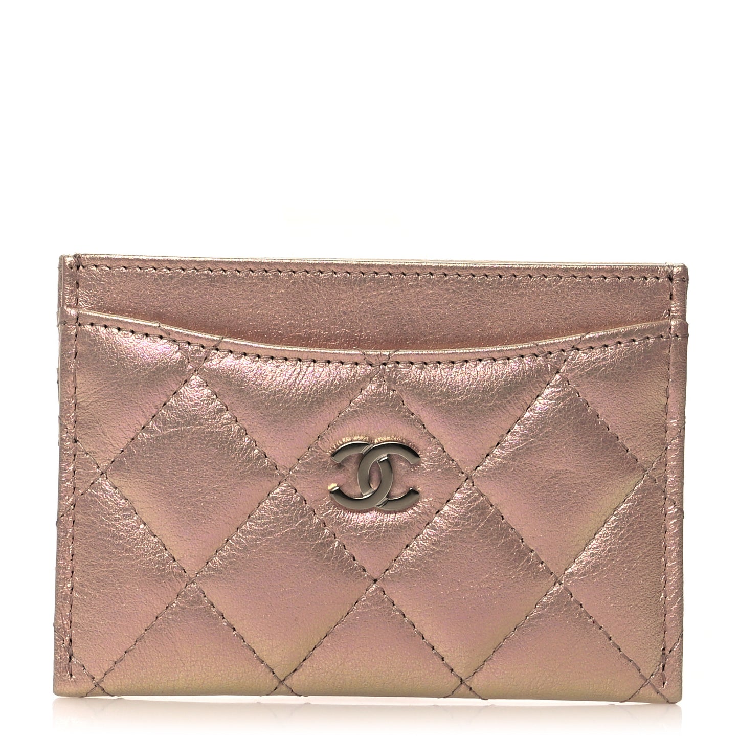 Iridescent Calfskin Quilted Card Holder Pink