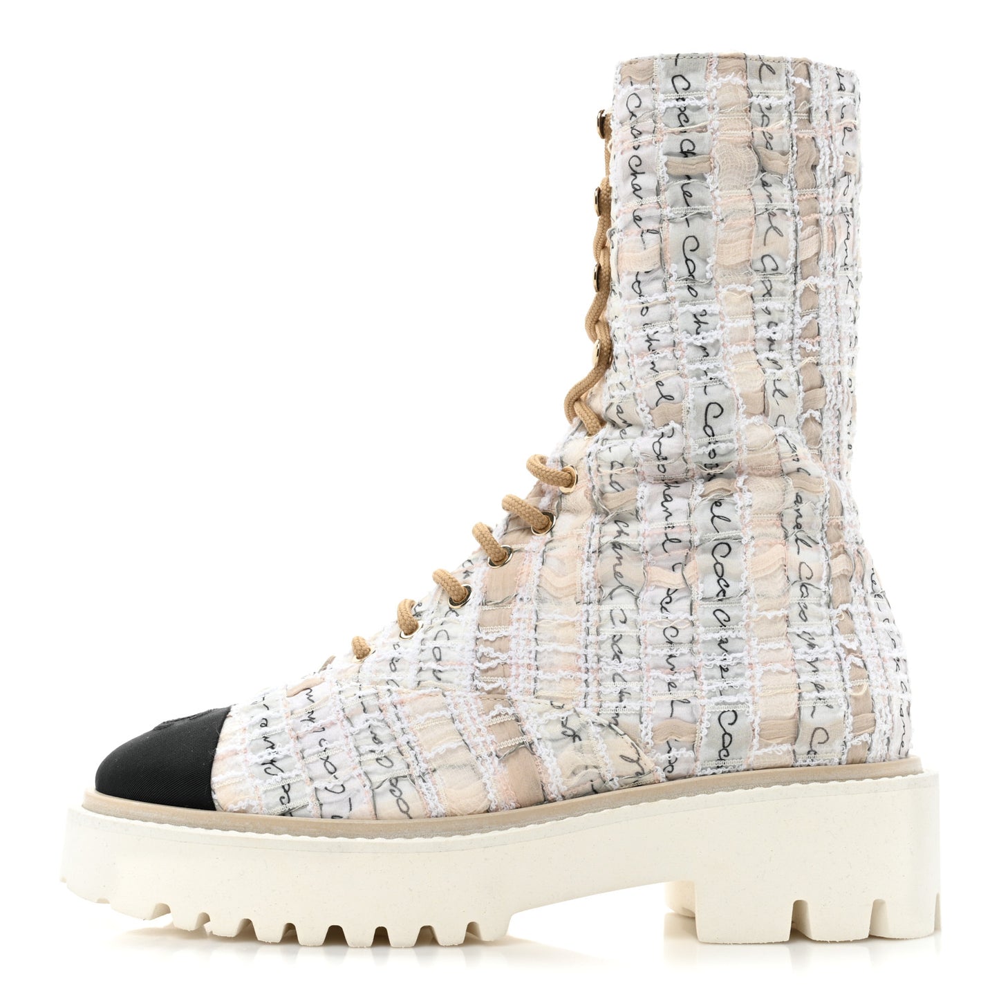 Tweed Grosgrain Cap Toe Lace Up Combat Boots 38.5 Multicolor