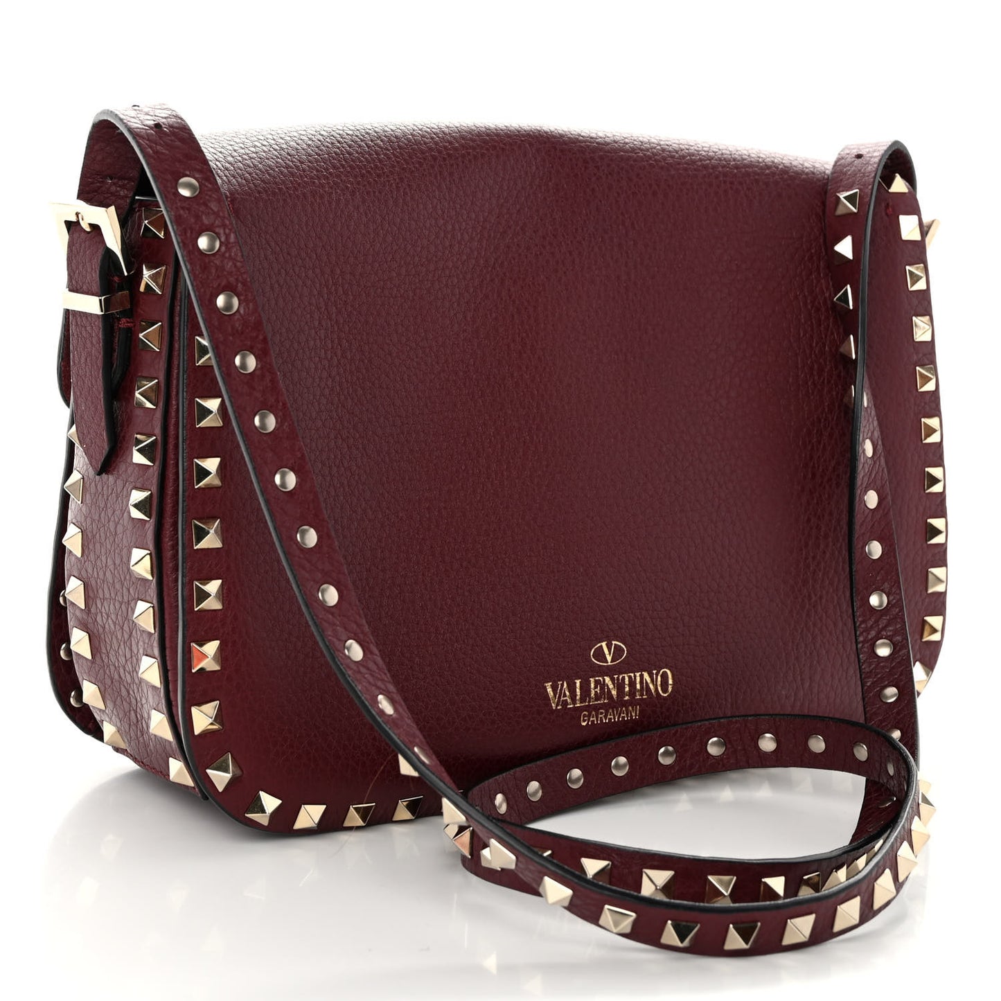 Pebbled Calfskin Medium Rockstud Flap Saddle Bag Rubino