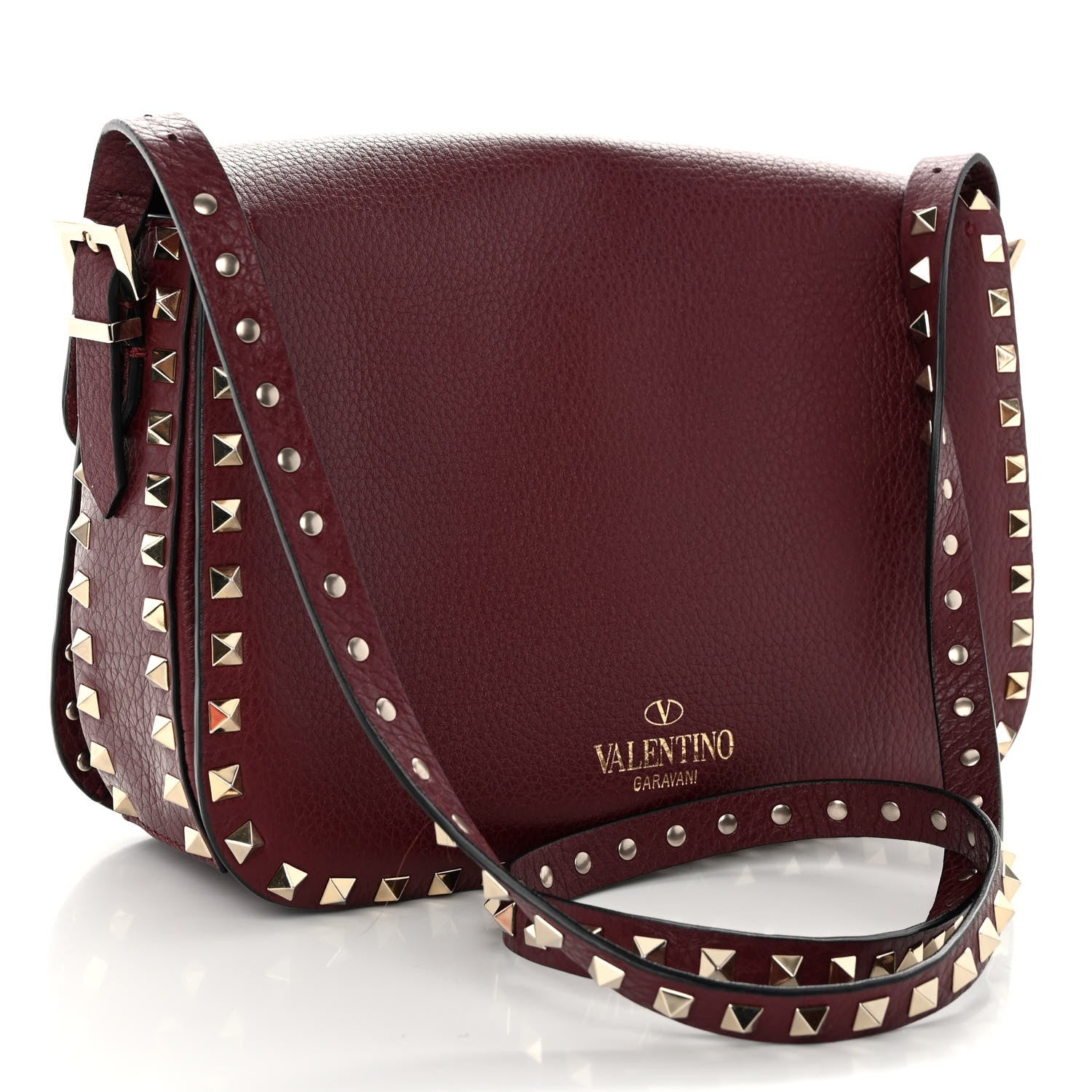 Valentino Garavani Pebbled Calfskin Medium Rockstud Flap Saddle Bag Rubino 3 of 10