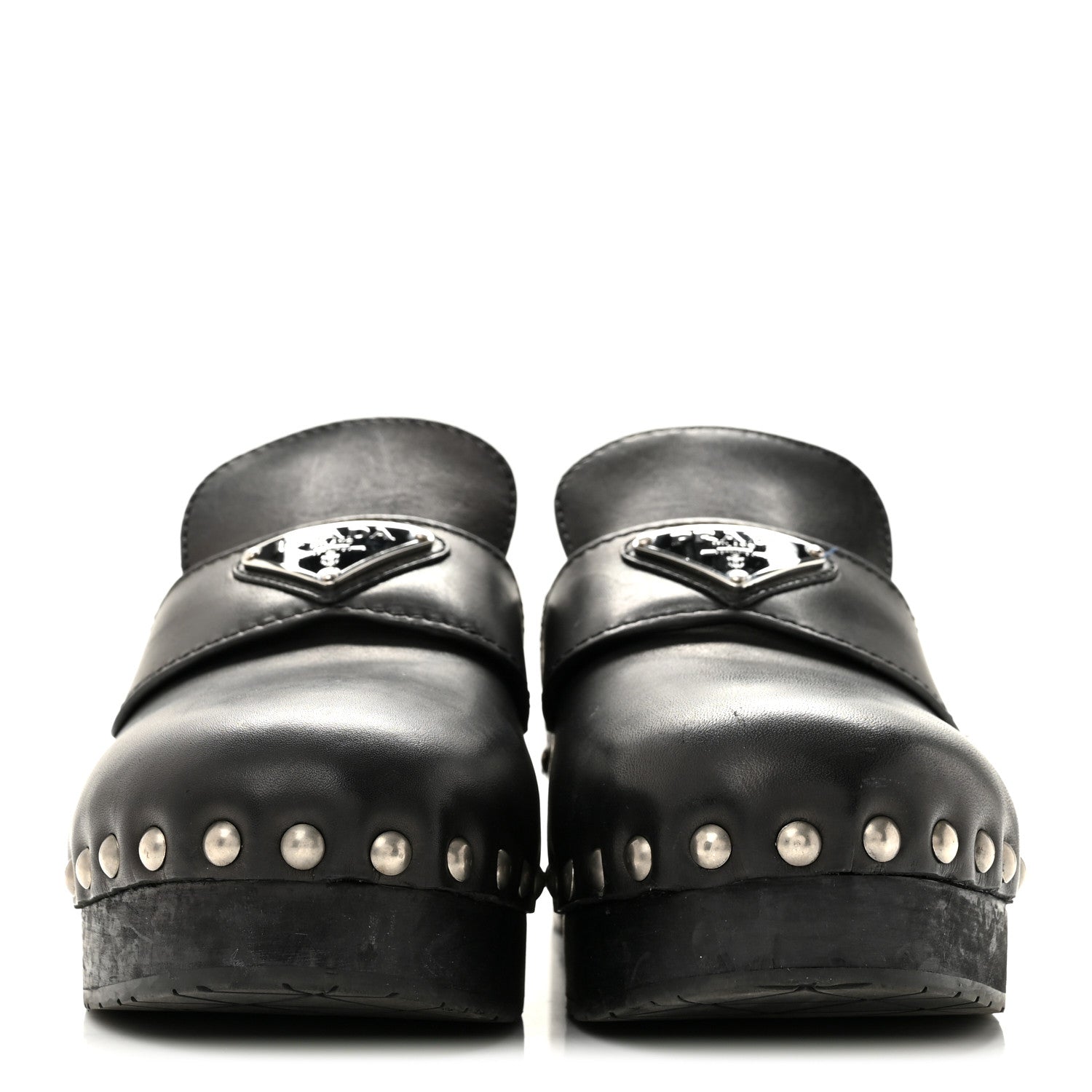 Prada Natural Calfskin Metal Triangle Logo 45mm Clogs 36 Black 3 of 9