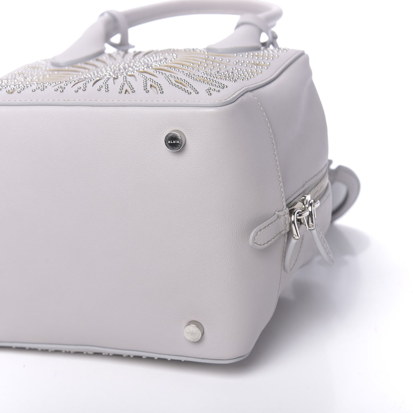 Calfskin Lux Laser Cut Studded Small Elga Top Handle Bag Grey