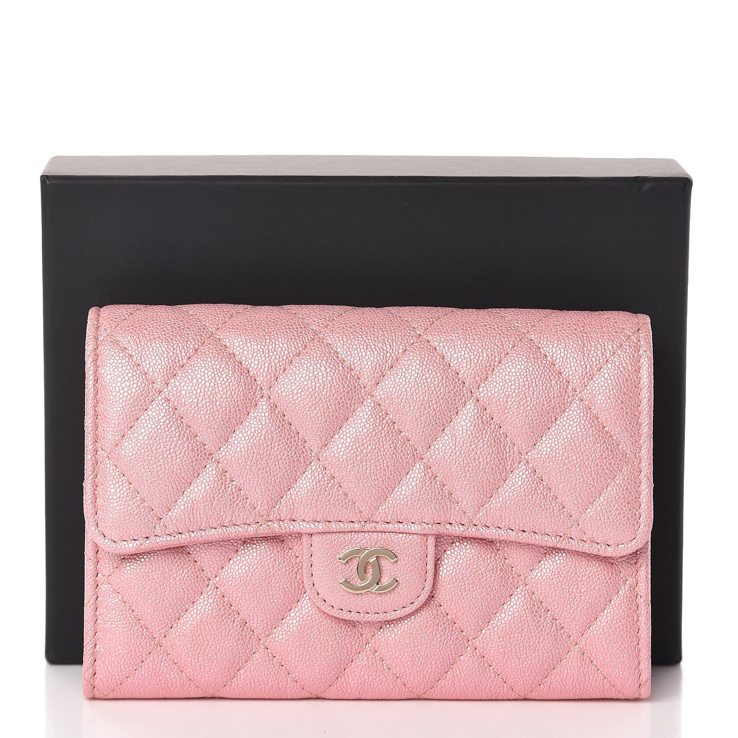 Iridescent Caviar Quilted Medium Flap Wallet Rose Pink