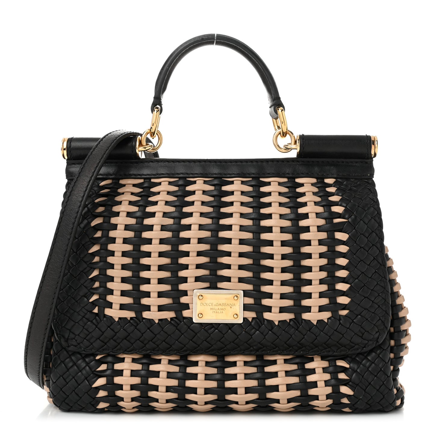 Calfskin Woven Medium Sicily Satchel Black Beige