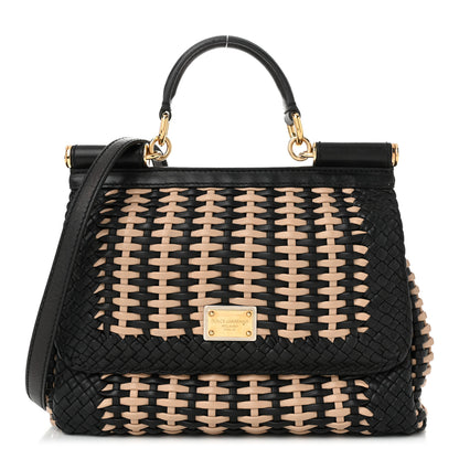 Dolce & Gabbana Calfskin Woven Medium Sicily Satchel Black Beige 1 of 9