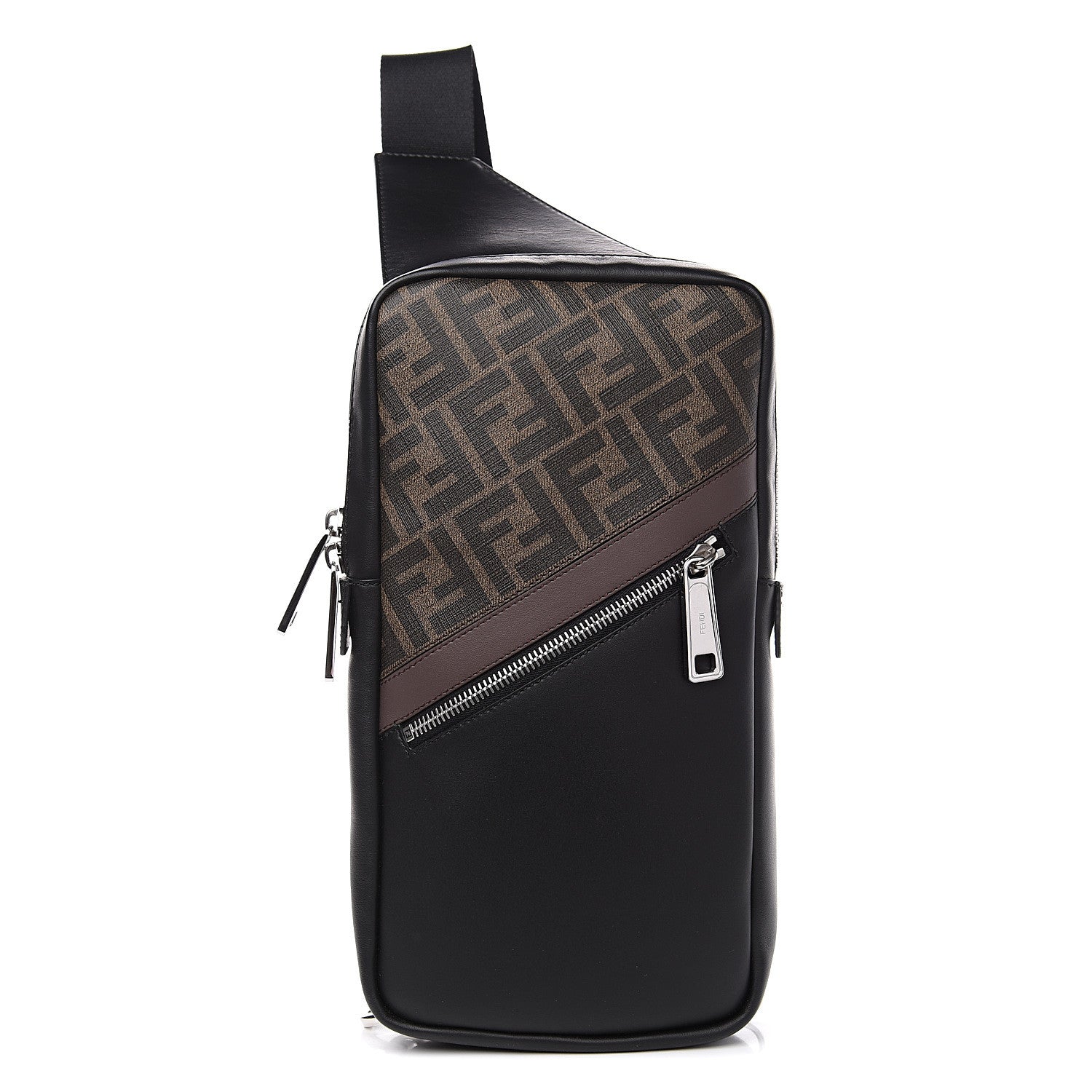 Fendi Glazed Fabric Vitello Liberty FF 1974 Diagonal Sling Bag Tobacco Moresco Black 1 of 8
