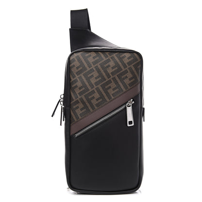 Fendi Glazed Fabric Vitello Liberty FF 1974 Diagonal Sling Bag Tobacco Moresco Black 1 of 8