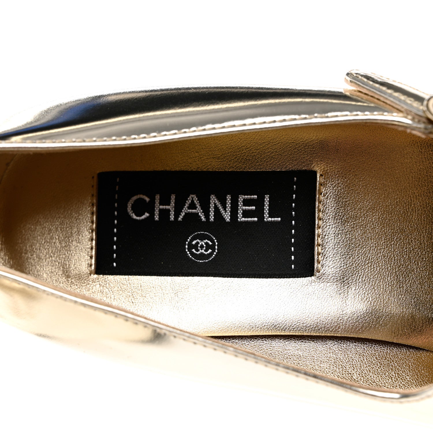 Chanel Laminated Calfskin Grosgrain Cap Toe CC Pointed Toe Wedge Pumps 38 Gold Black 7 of 9