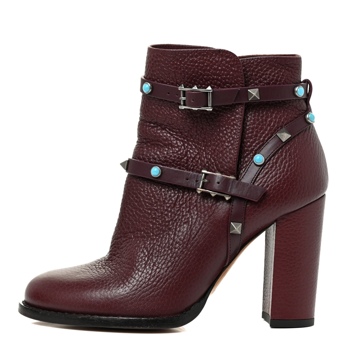 Pebbled Calfskin Rockstud Rolling Double Buckle 100mm Block Heel Ankle Boots 37 Rubin
