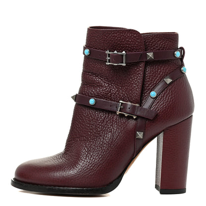 Valentino Garavani Pebbled Calfskin Rockstud Rolling Double Buckle 100mm Block Heel Ankle Boots 37 Rubin 1 of 19