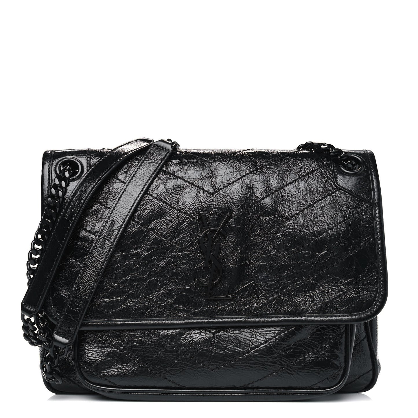Crinkled Calfskin Matelasse Monogram Medium Niki Chain Satchel Black