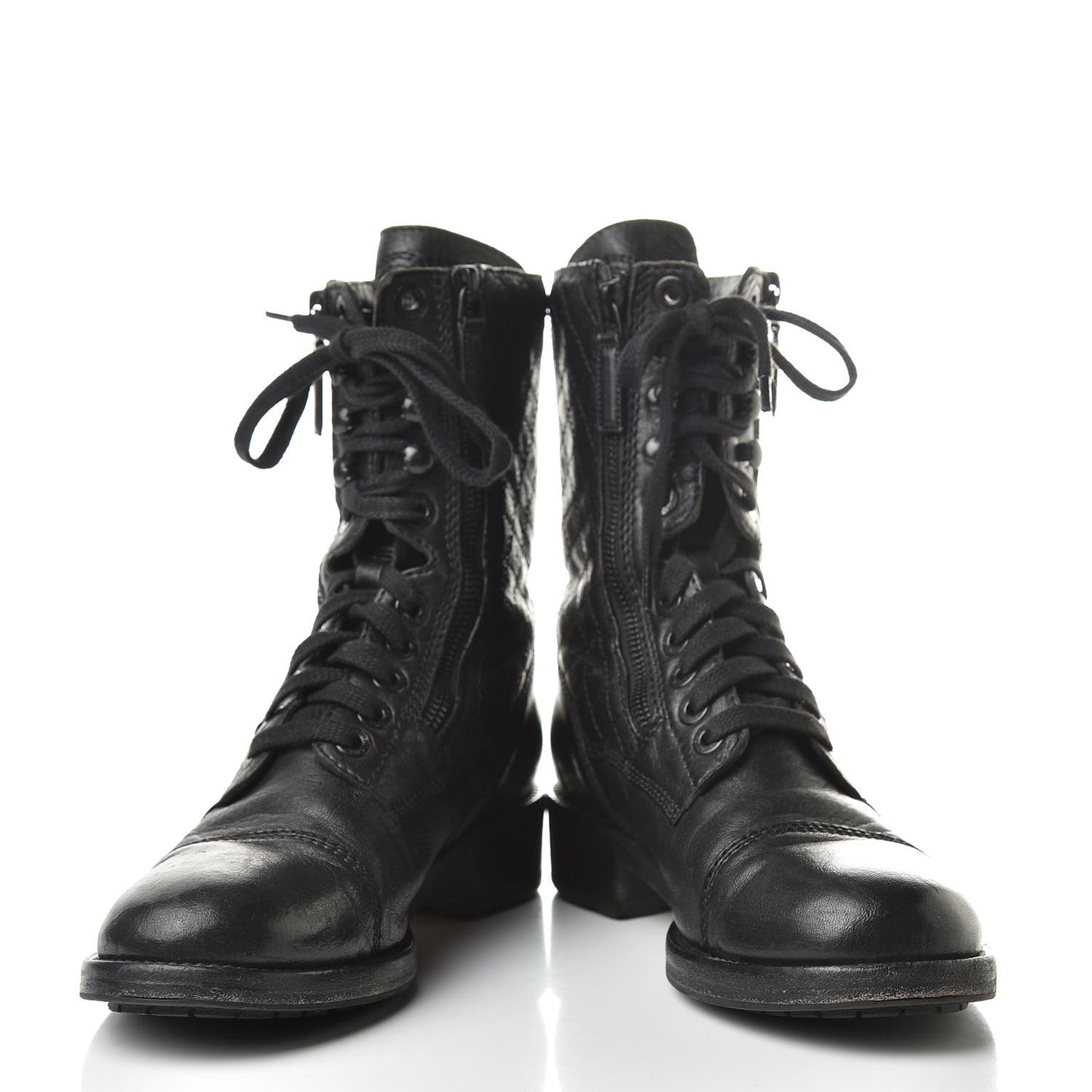 Calfskin Quilted Combat Boots 38.5 Black