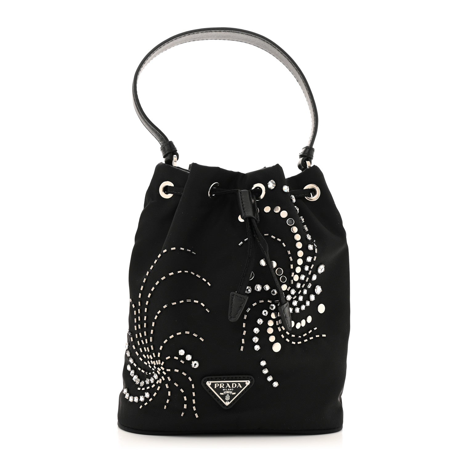 Prada Tessuto Saffiano Ricamo Sequin Crystal Embellished Mini Re-Edition 1978 Bucket Bag Black 1 of 12