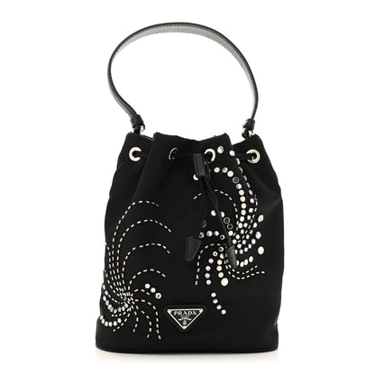 Prada Tessuto Saffiano Ricamo Sequin Crystal Embellished Mini Re-Edition 1978 Bucket Bag Black 1 of 12