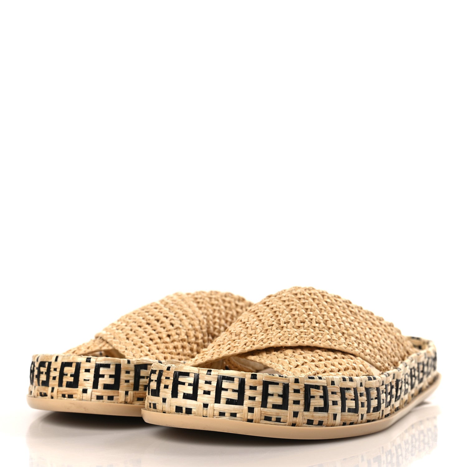 Fendi Raffia FF Woven Reflections Crisscross Slide Sandals 37 Naturale Black 3 of 7