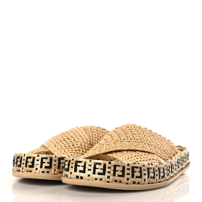Fendi Raffia FF Woven Reflections Crisscross Slide Sandals 37 Naturale Black 3 of 7