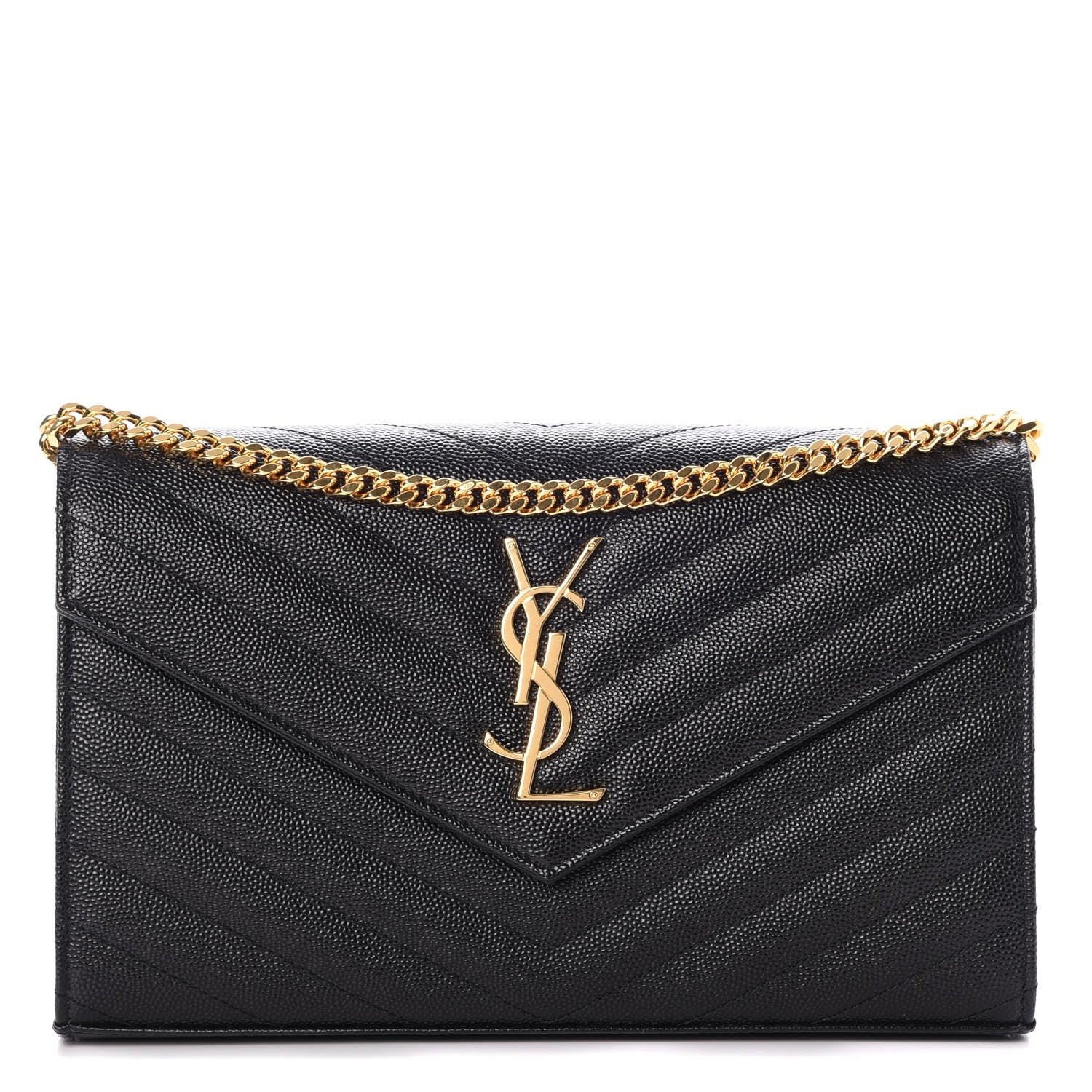Saint Laurent Grain De Poudre Matelasse Chevron Monogram Chain Wallet Black 1 of 8
