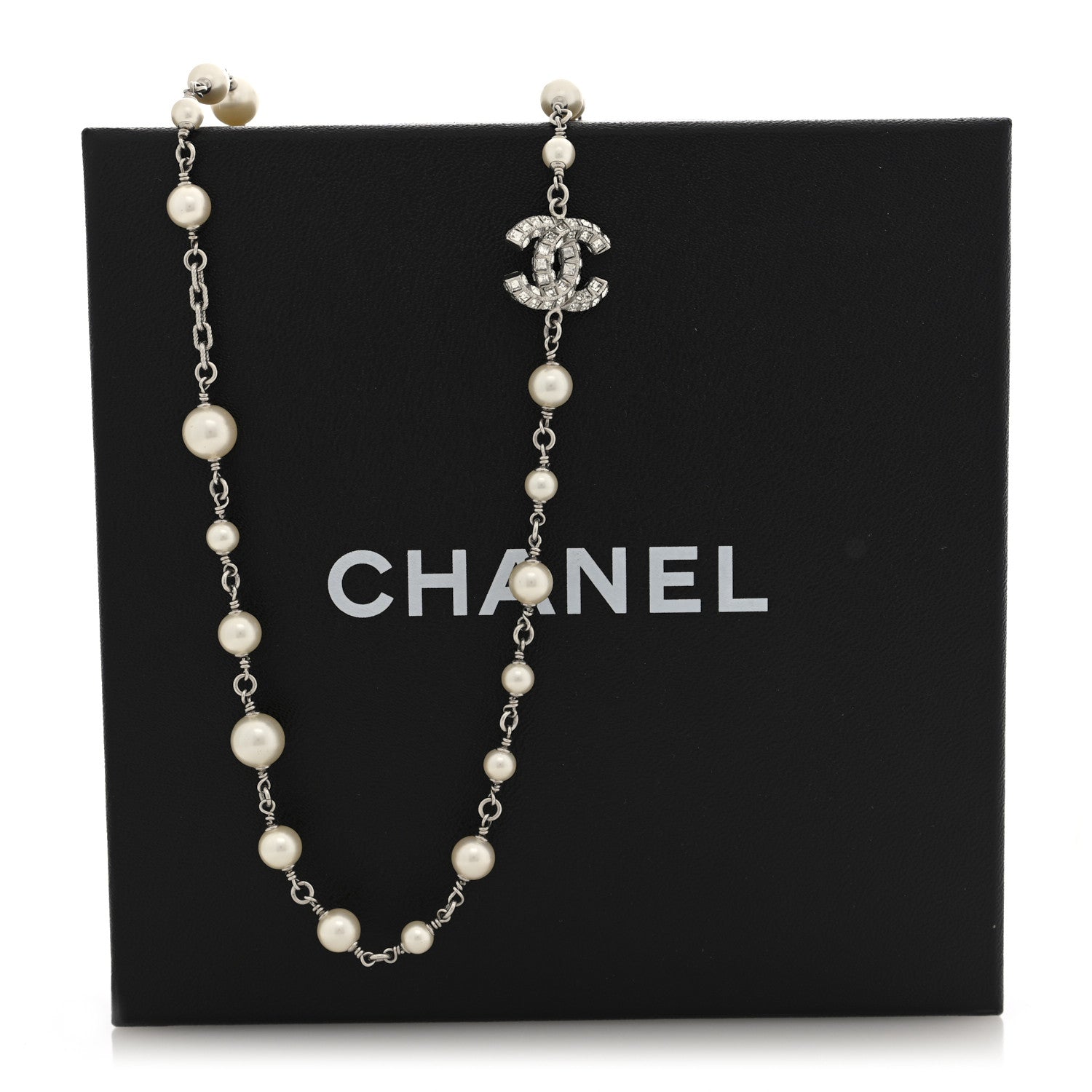 Chanel Pearl Baguette Crystal CC Long Necklace Silver 4 of 4
