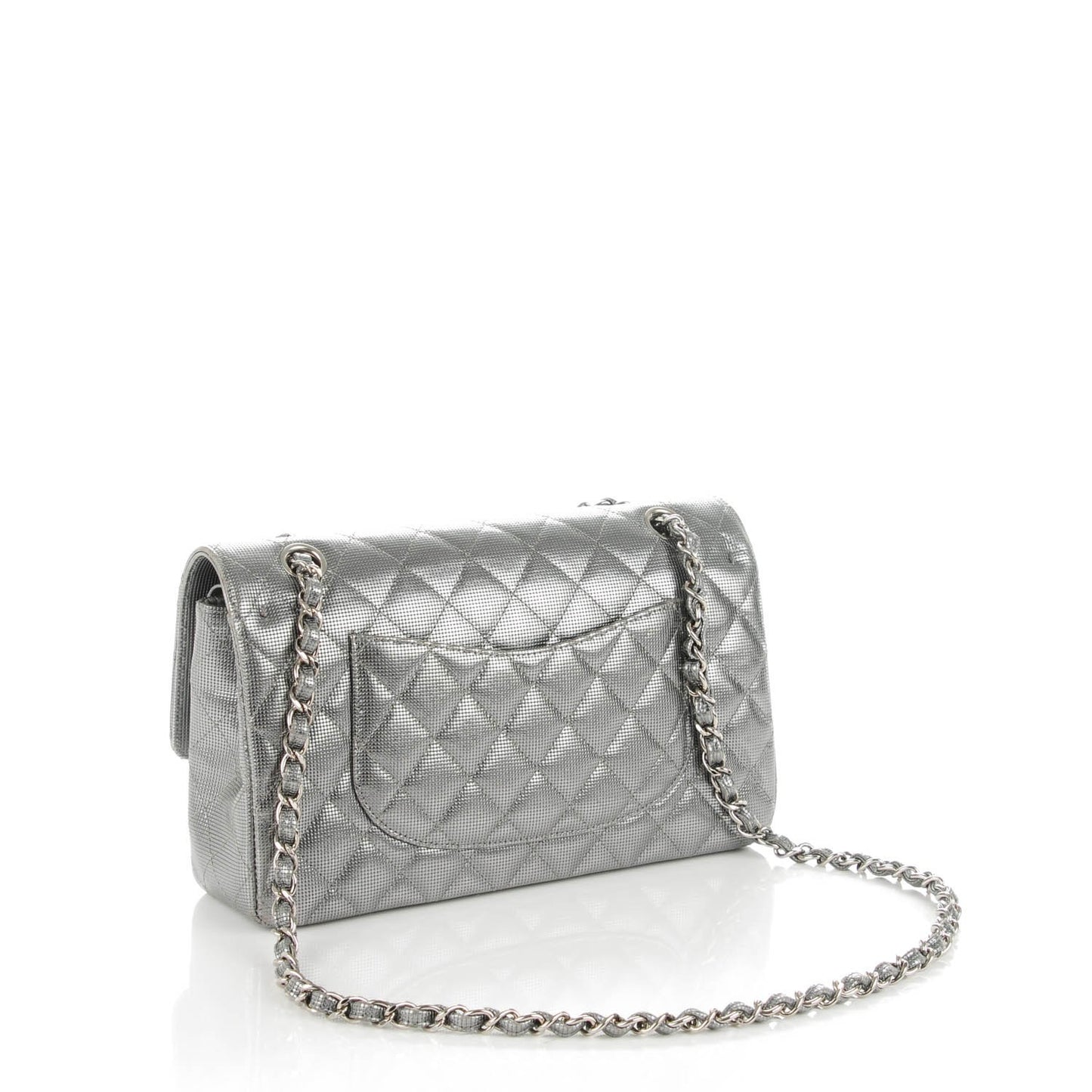 Calfskin Metallic Pixel Effect Medium Double Flap Silver