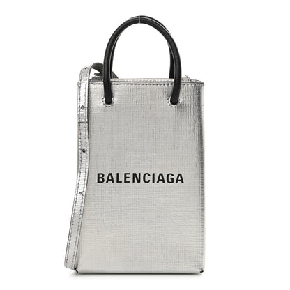 Balenciaga Metallic Textured Calfskin Logo Shopping Phone Holder Bag Silver 1 of 12