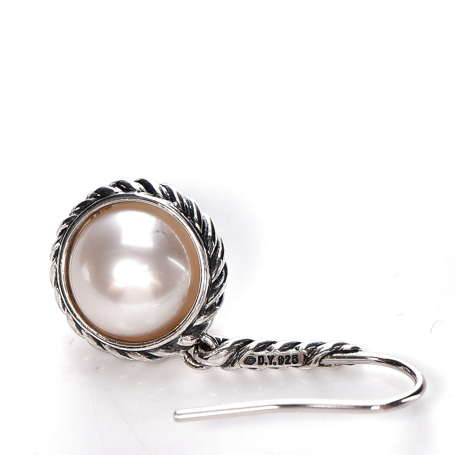 David Yurman Sterling Silver Pearl 9mm Cable Drop Earrings 4 of 4